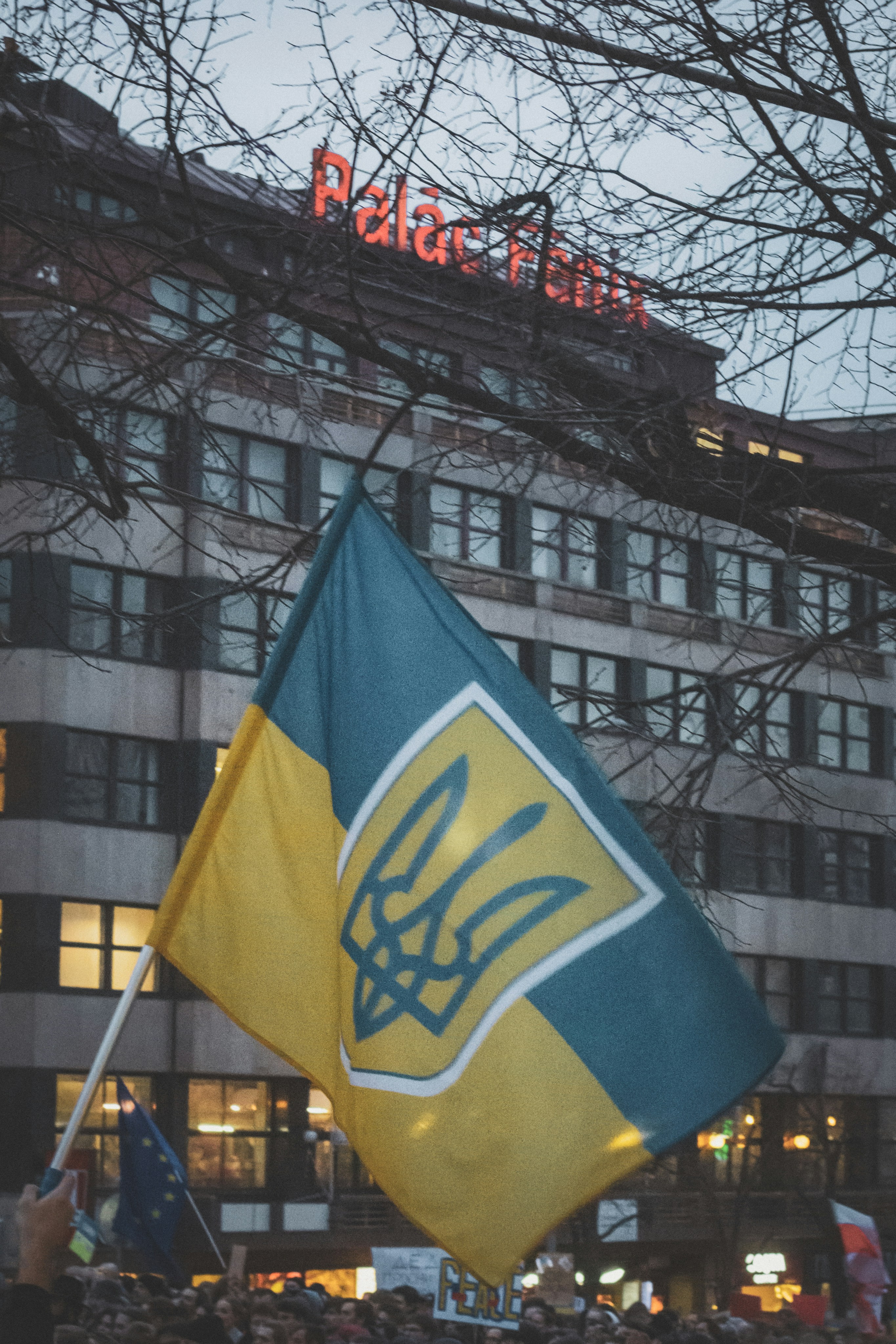 a group of people holding a flag in front of a building