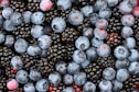 a bunch of blueberries and raspberries in a bowl
