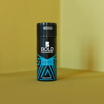 A can of deodorant, labeled BOLD, stands upright against a yellow background. The bottle features a sleek black design with blue geometric patterns and the word ALPHA written on it.