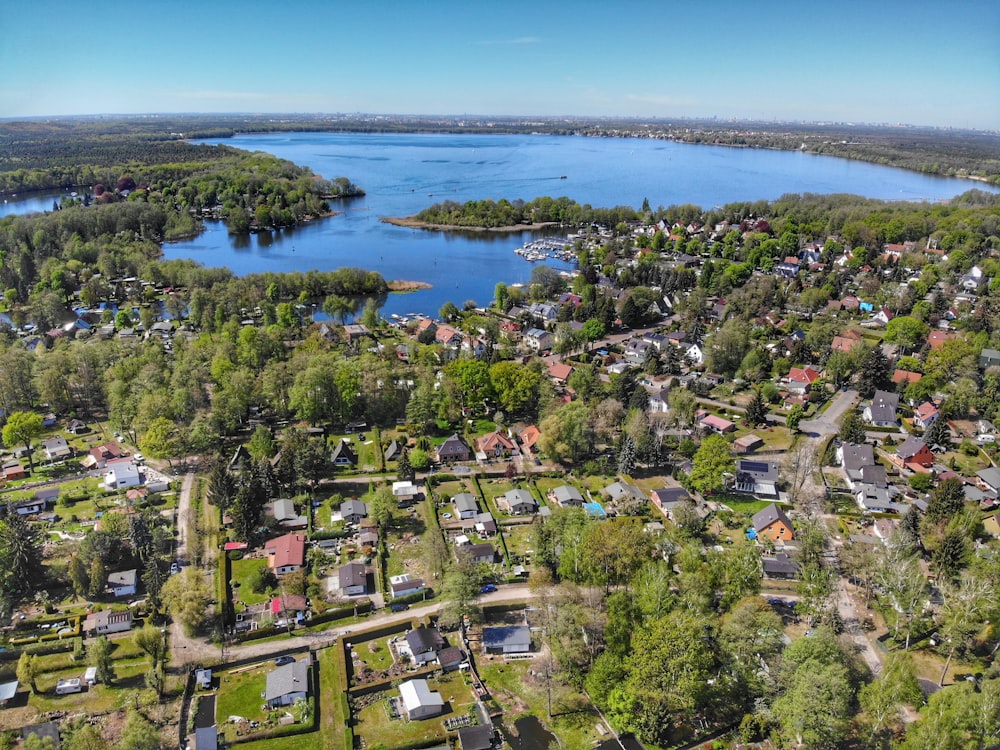 an aerial view of a lake surrounded by trees