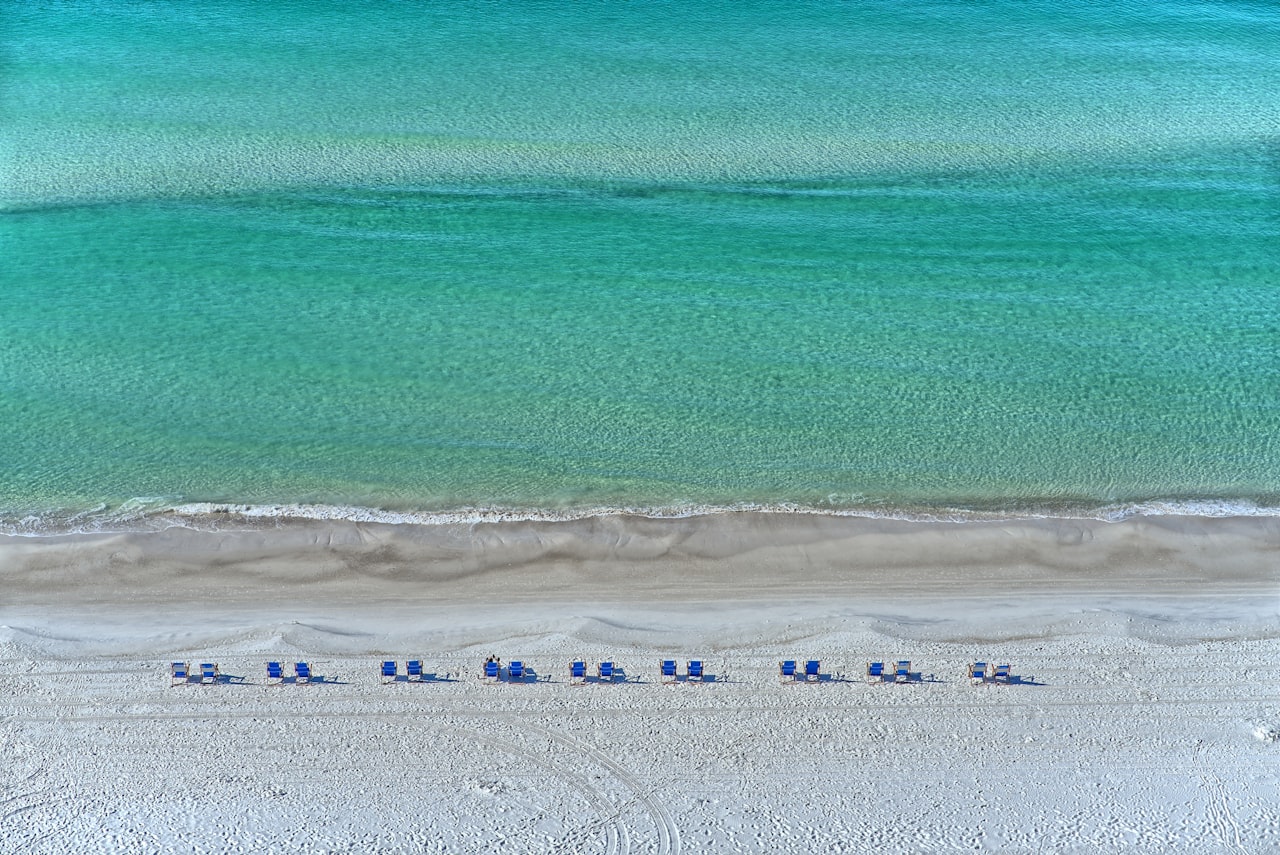 Aerial view of white sand beach and emerald water in Panama City Beach Florida