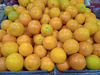 Close-up of fresh oranges stacked neatly in a crate, showcasing vibrant color and freshness.
