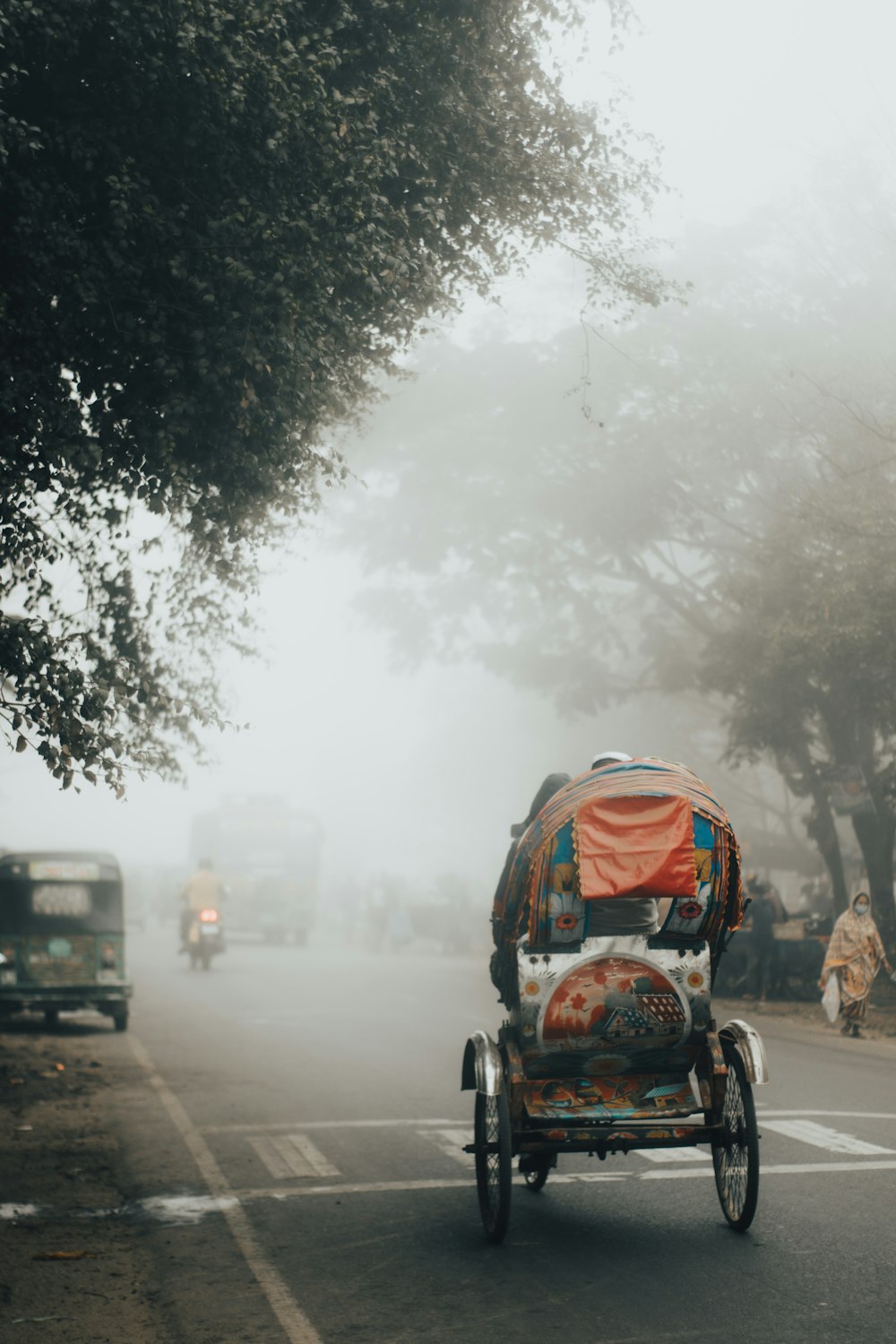 a person riding a tricycle on a foggy street