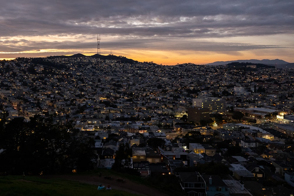 a view of a city at sunset