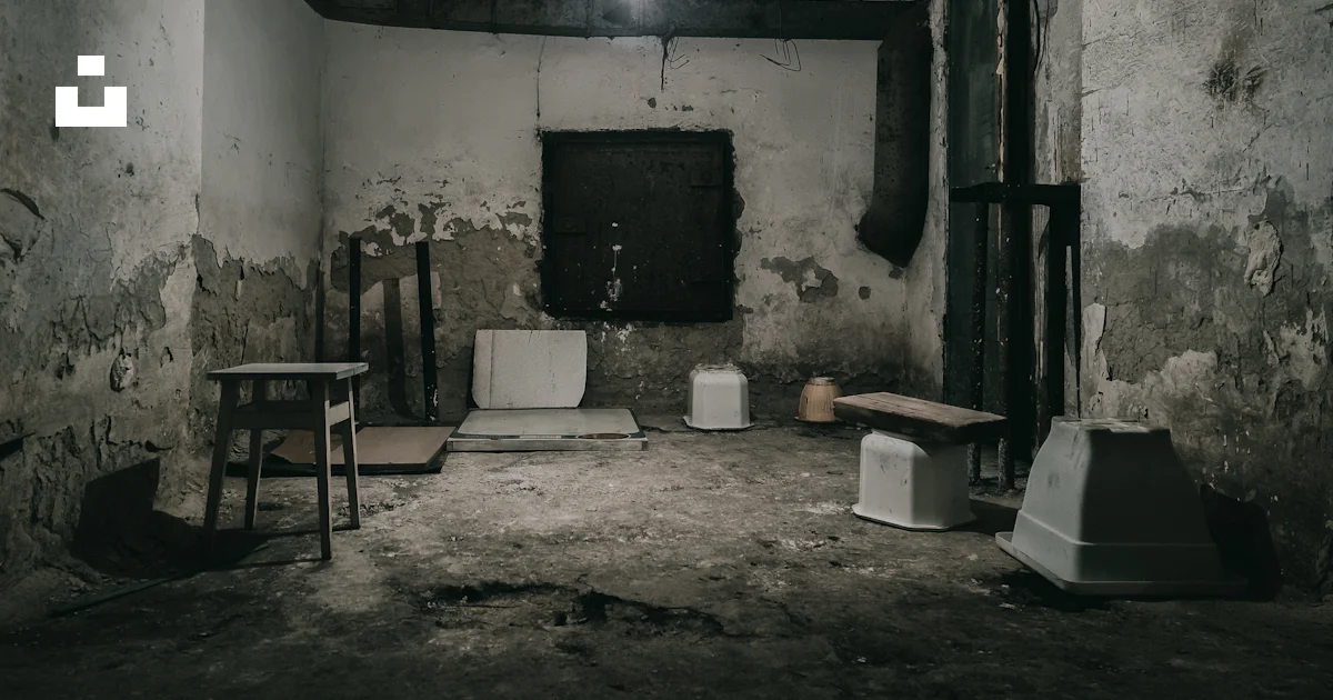 A run down room with two chairs and a table photo – Free Grey Image on ...