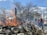 A fire is burning a pile of debris or logs outdoors. The scene is set in an urban area with bare trees and a building in the background. Several people dressed in jackets and hats are standing nearby, observing the fire.