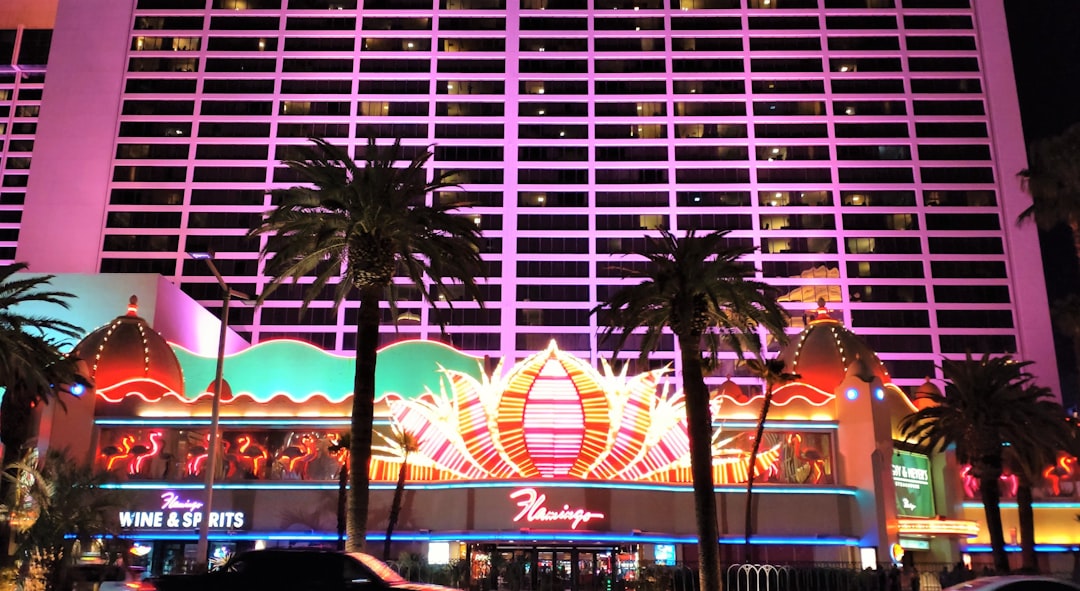 a very tall building with a lot of lights on it, Main entrance to the Flamingo, Las Vegas