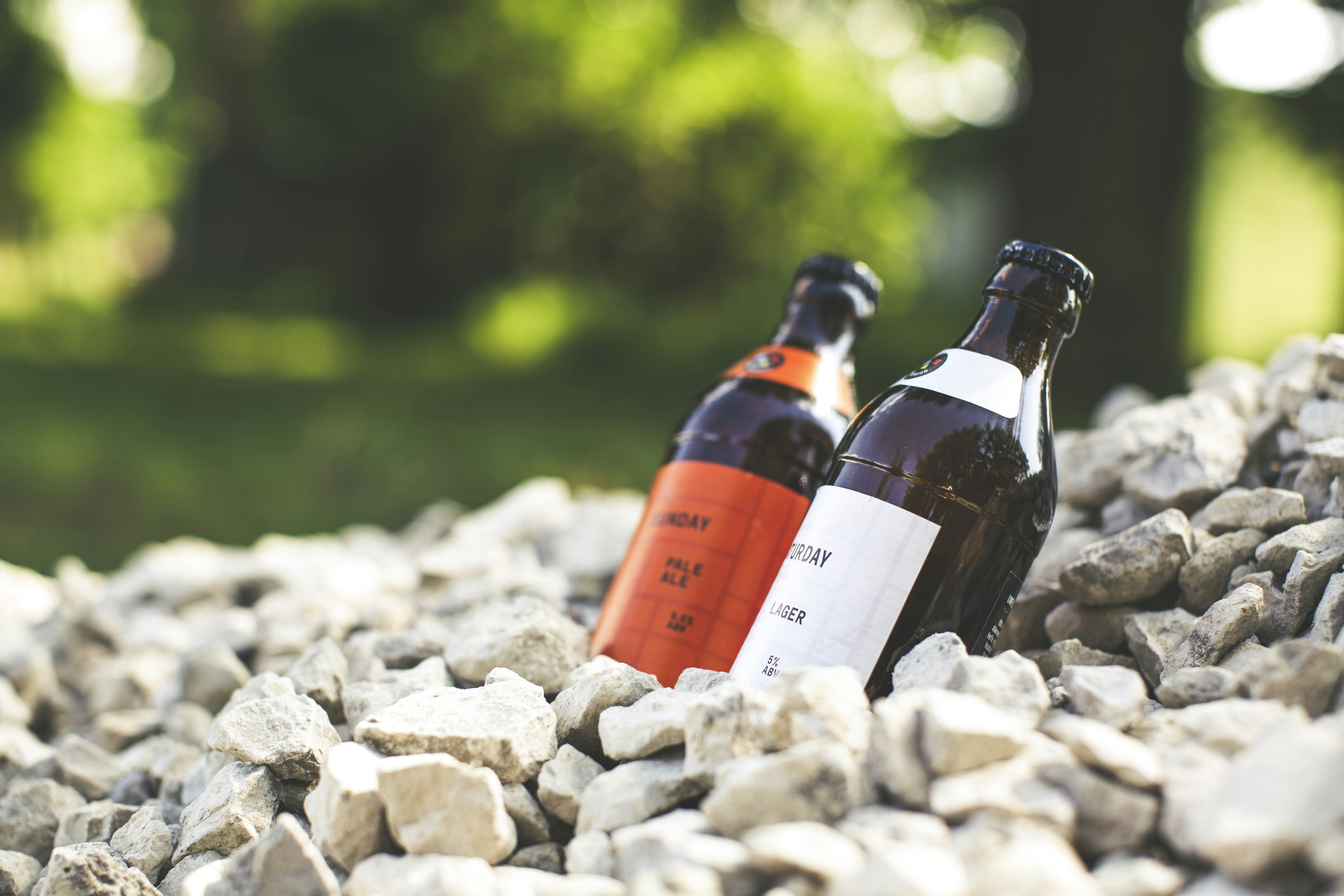 Two bottles of beer sitting on top of a pile of rocks photo Free