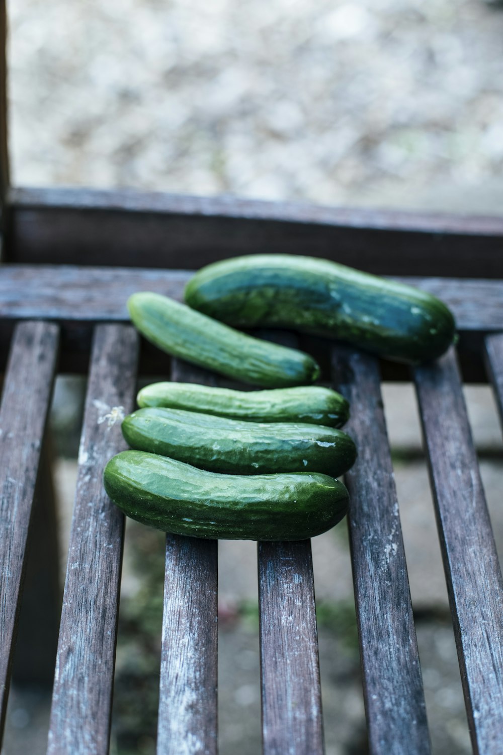 a group of cucumbers sitting on top of a wooden bench