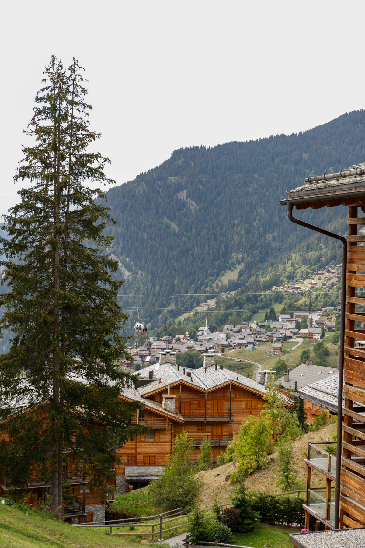 Wooden chalets on a slope above a village in the Bagnes valley, with forested mountains behind