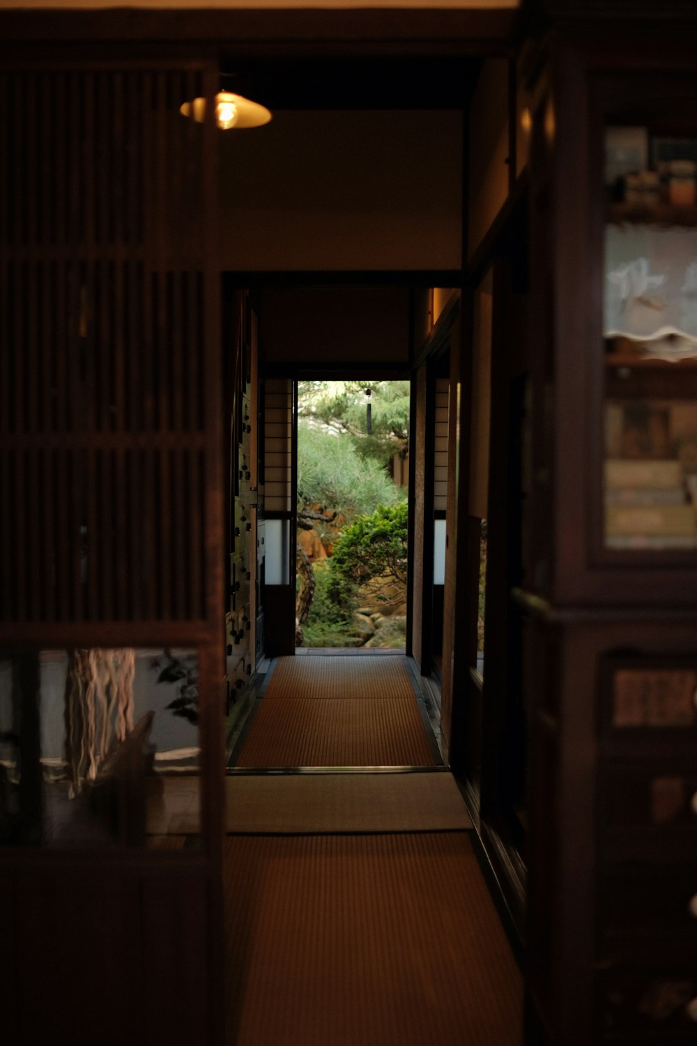 a hallway leading to a room with a view of a garden