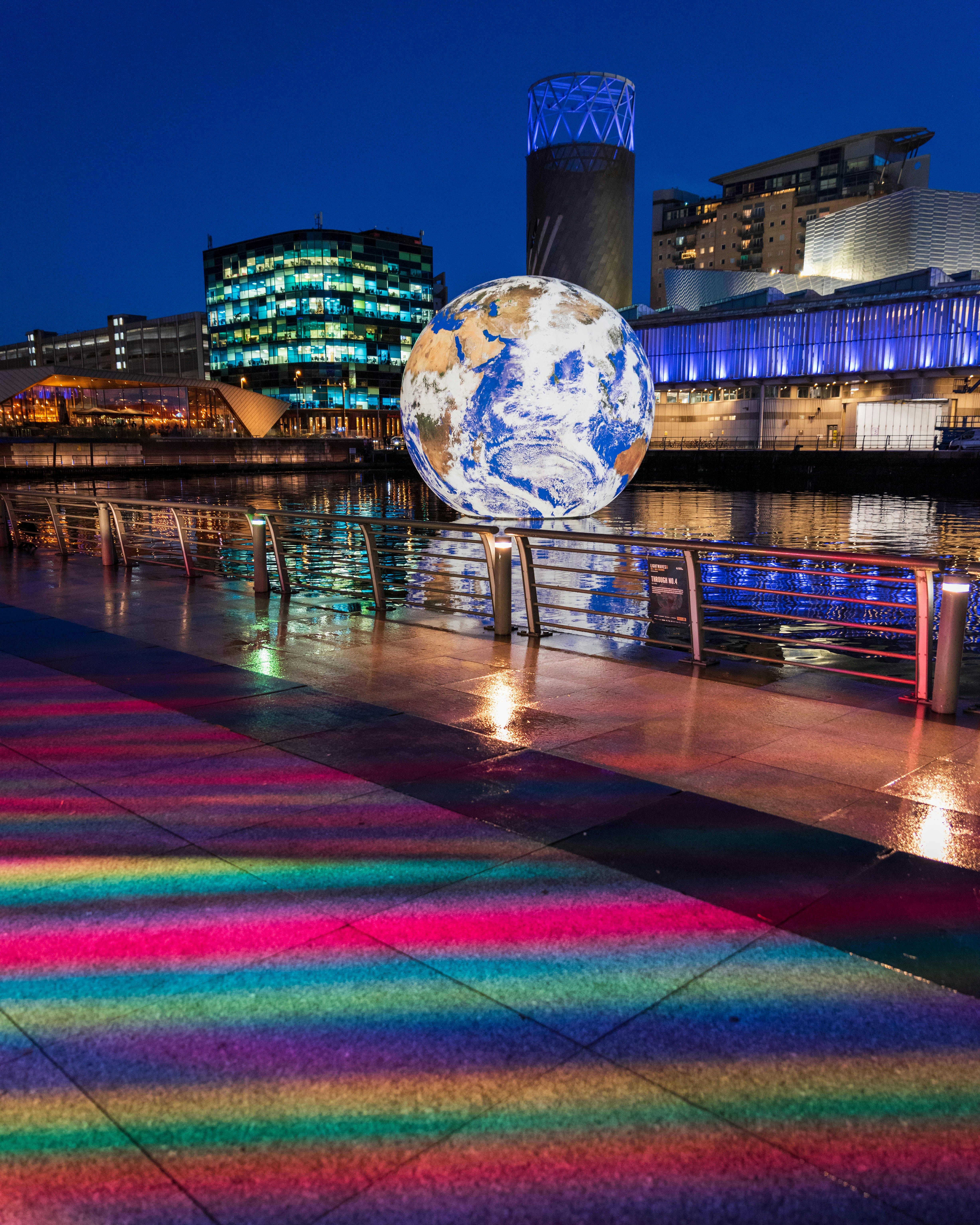 The floating globe in the Salford Quays, Manchester, England.