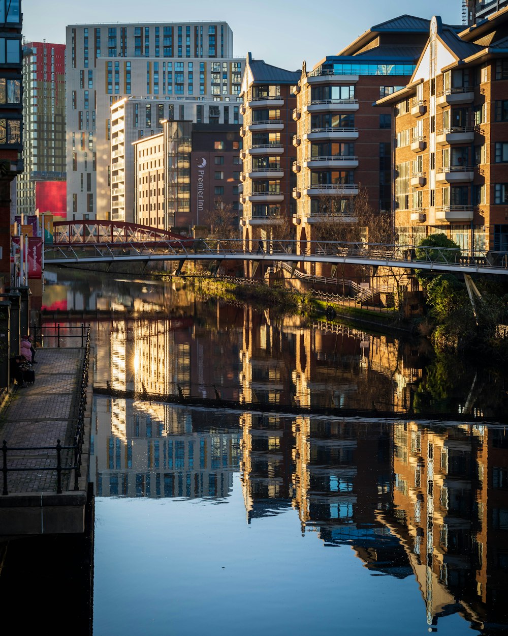 a river running through a city next to tall buildings