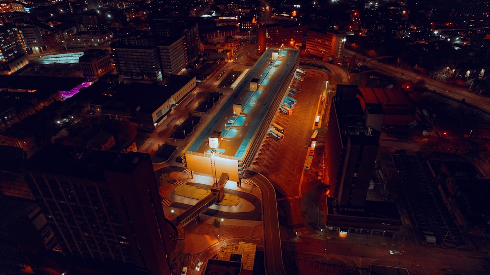 an aerial view of a city at night