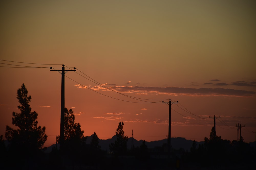 the sun is setting behind power lines and telephone poles