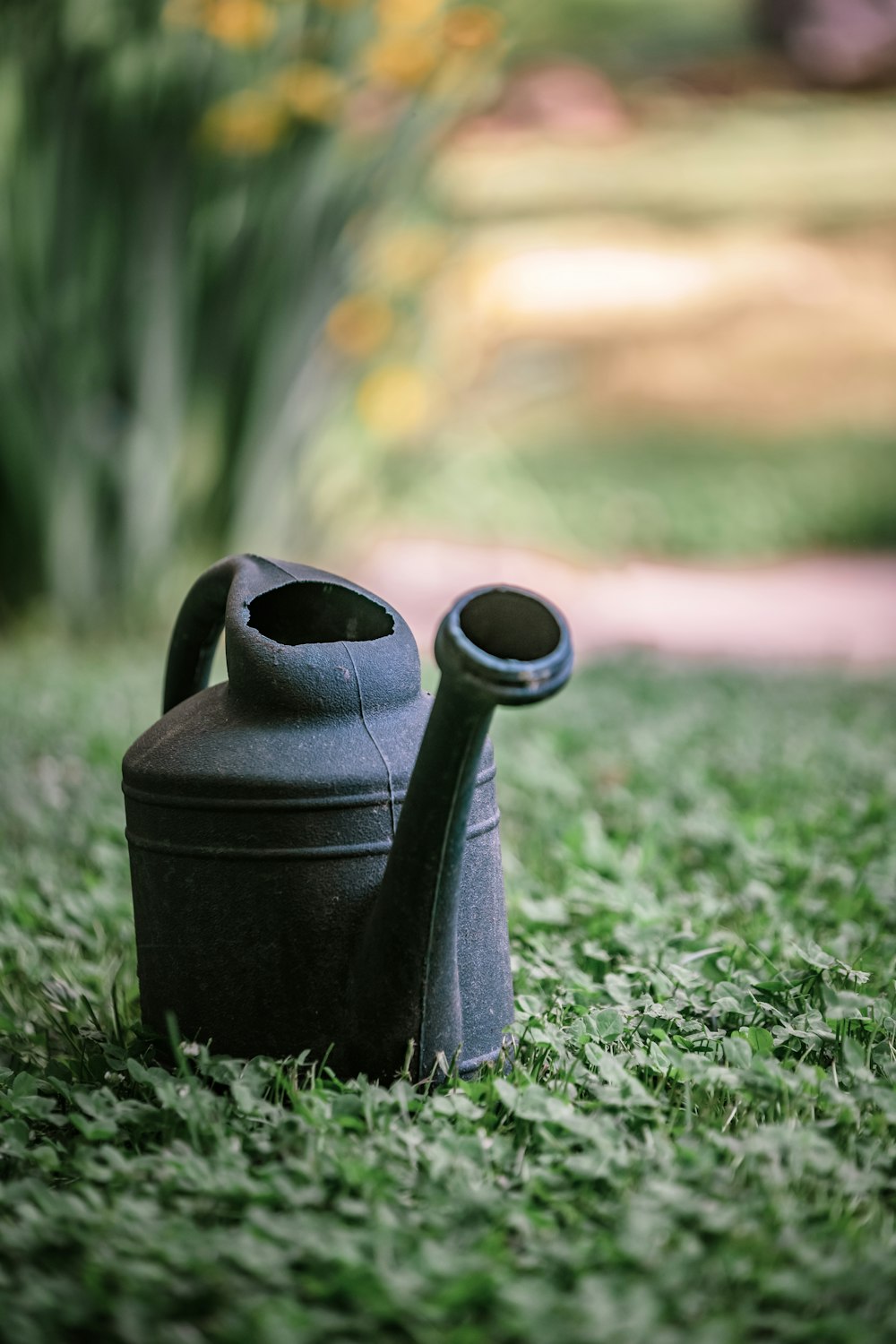 a black watering can sitting in the grass