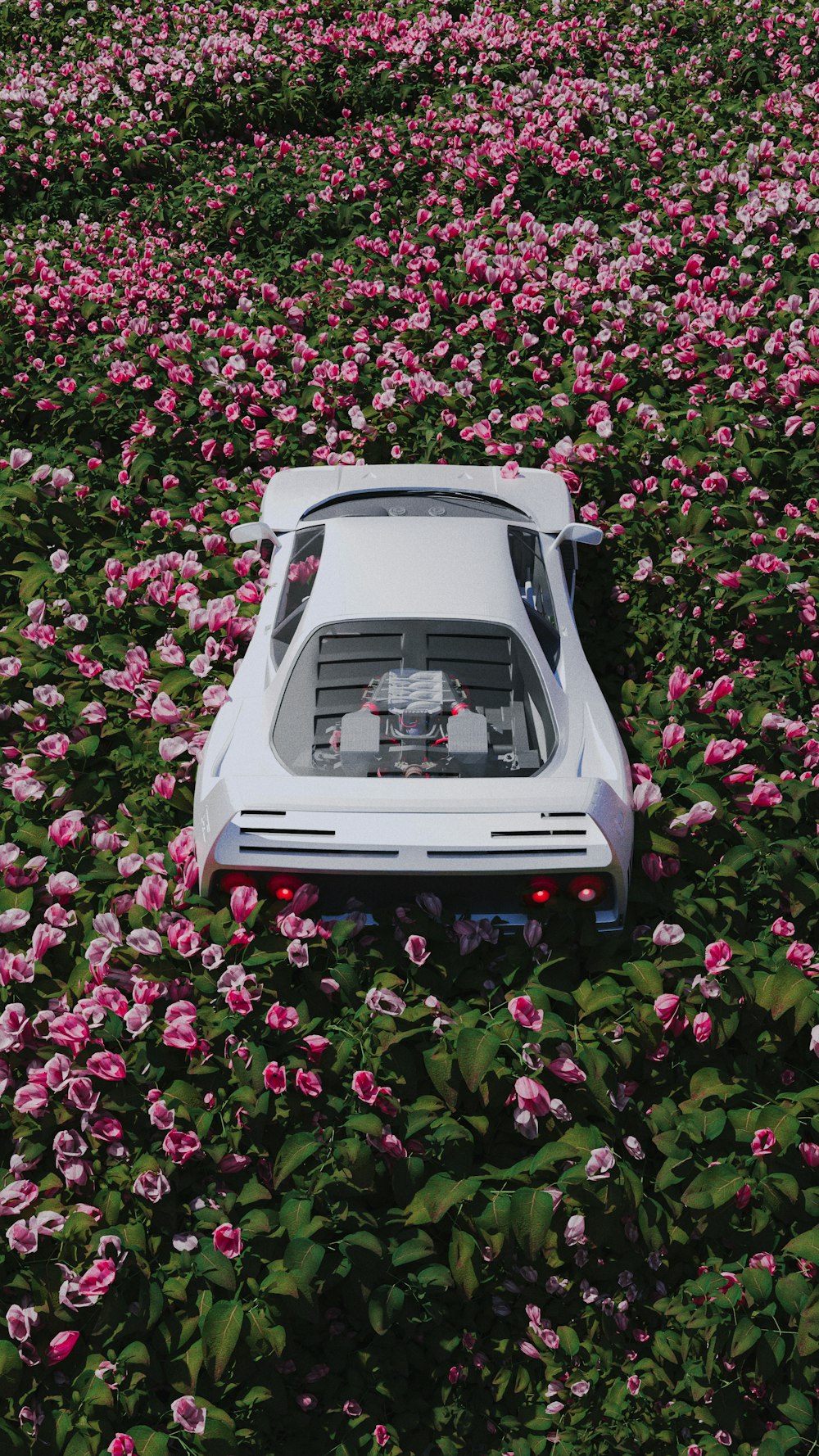 Un coche está aparcado en un campo de flores