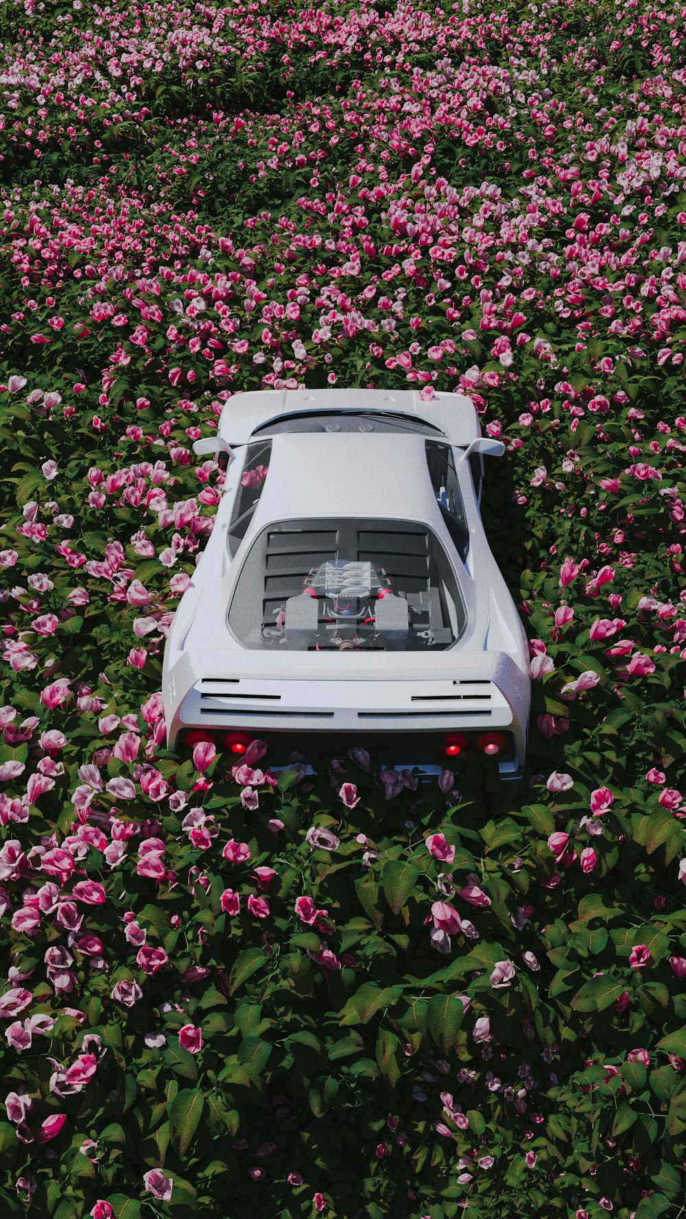 a car is parked in a field of flowers