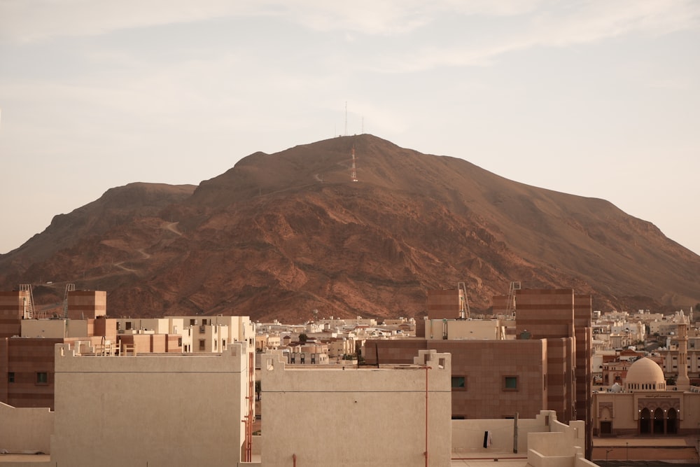 a view of a city with a mountain in the background