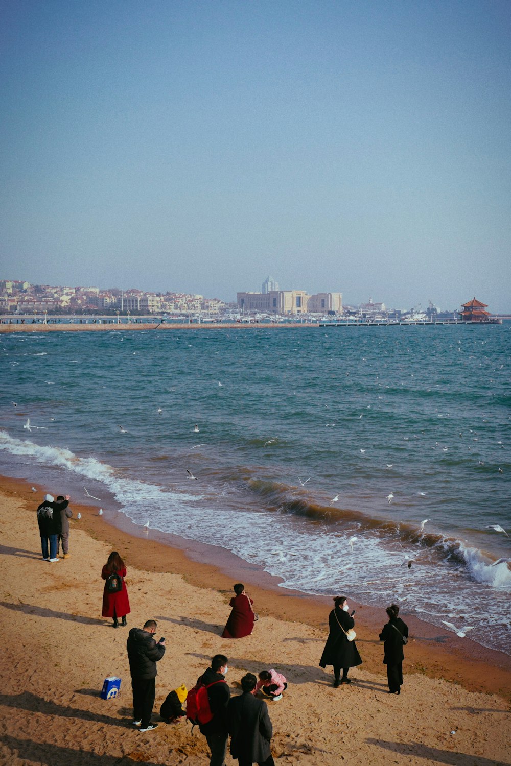 a group of people standing on top of a sandy beach