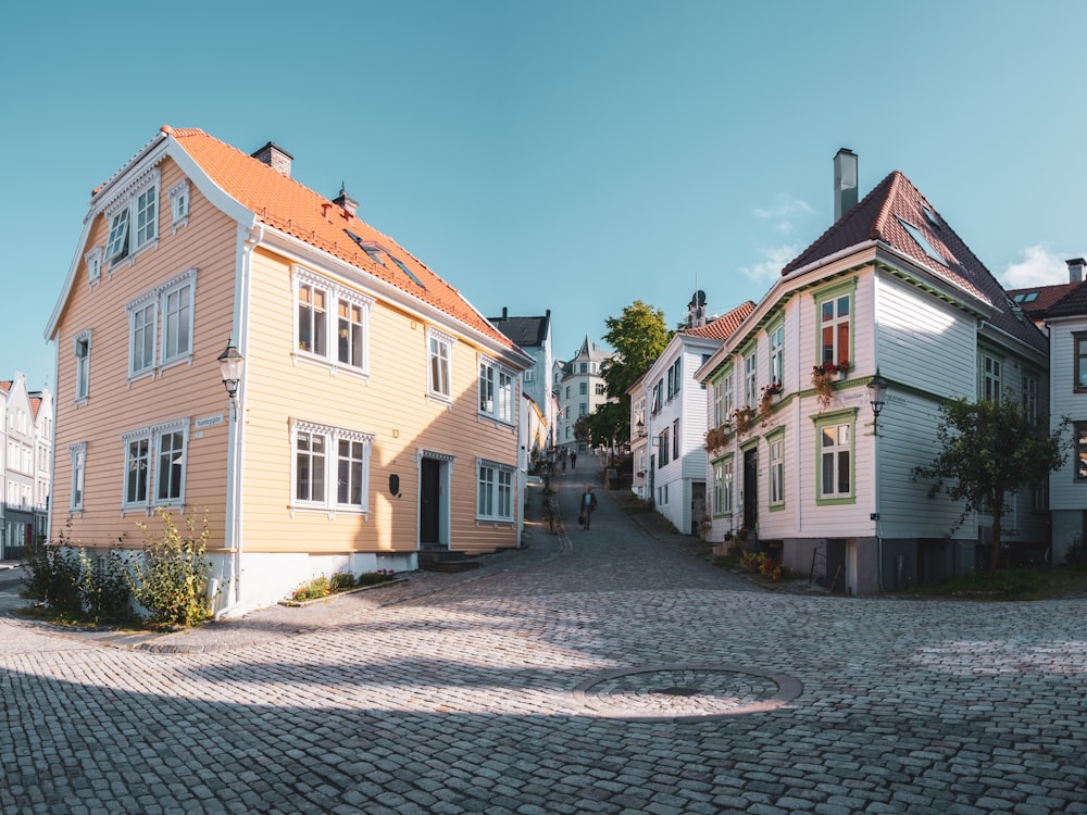 a cobblestone street in a small european town