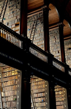 A grand and historic library interior with two levels of tall bookshelves filled with an extensive collection of books. The books are arranged meticulously, and wooden ladders are placed against the shelves for access to the upper levels. The space is adorned with ornate architectural features, including high ceilings with arched wood paneling and elegant columns.