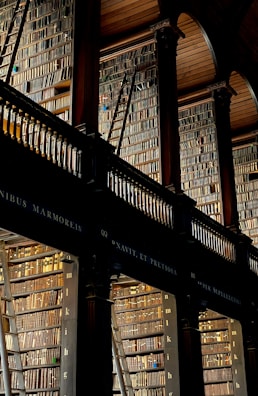 A grand and historic library interior with two levels of tall bookshelves filled with an extensive collection of books. The books are arranged meticulously, and wooden ladders are placed against the shelves for access to the upper levels. The space is adorned with ornate architectural features, including high ceilings with arched wood paneling and elegant columns.