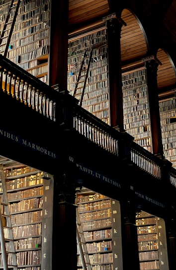 A grand and historic library interior with two levels of tall bookshelves filled with an extensive collection of books. The books are arranged meticulously, and wooden ladders are placed against the shelves for access to the upper levels. The space is adorned with ornate architectural features, including high ceilings with arched wood paneling and elegant columns.