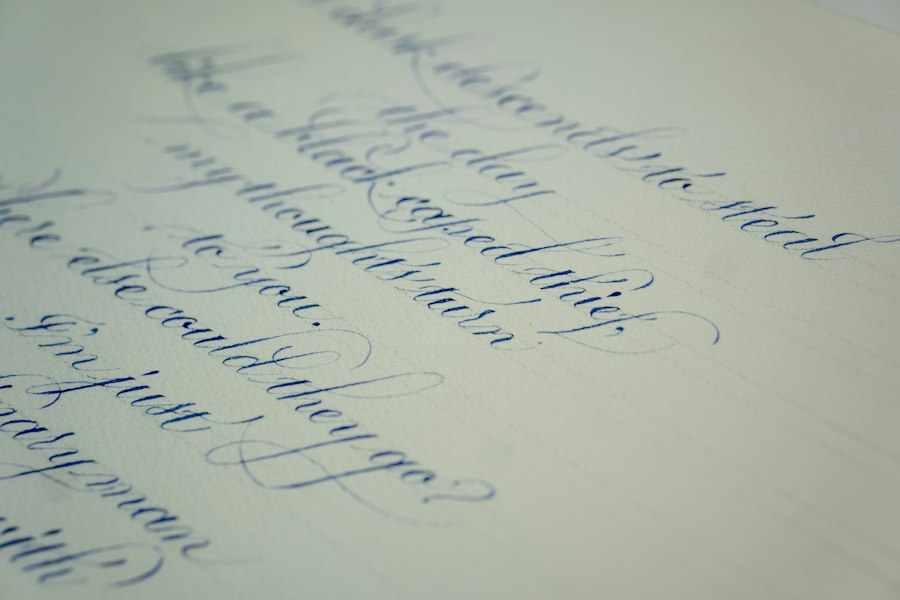Close-up of elegant handwriting in blue ink