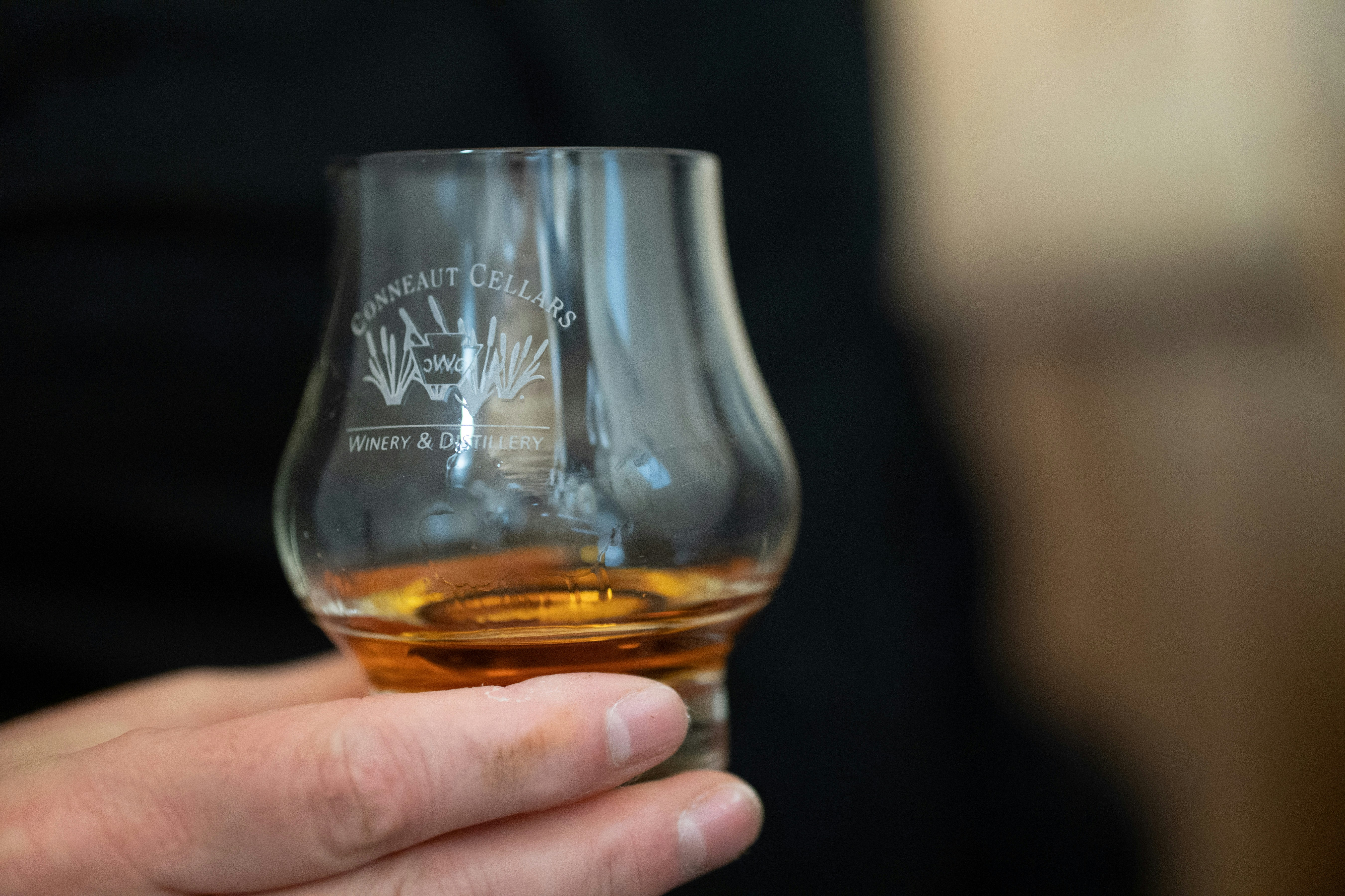 Hand holding a whisky tasting glass