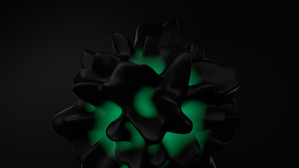 a black and green abstract object on a black background