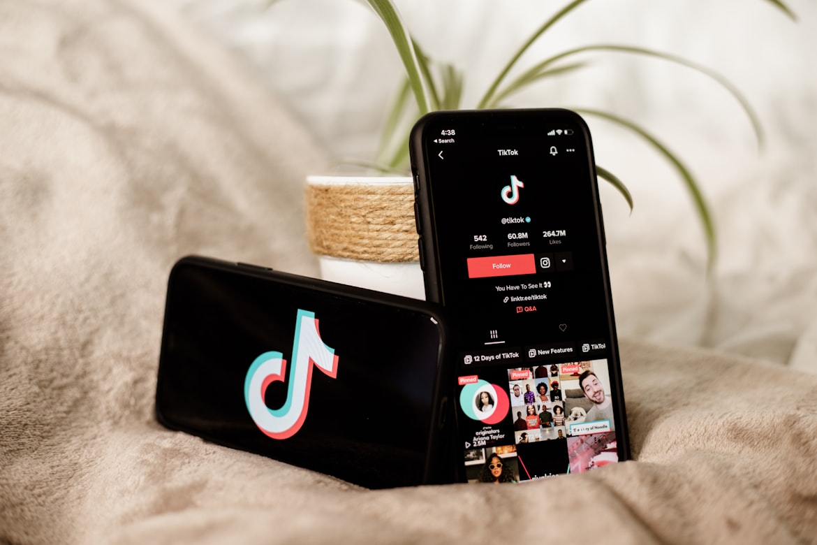 Black phone displaying TikTok official account with red Follow button.