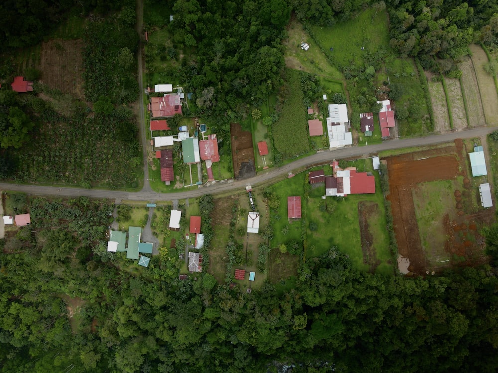 une vue aérienne d’un petit village au milieu d’une forêt