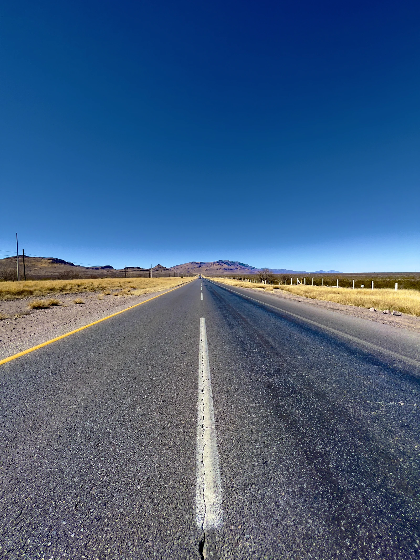 A straight federal road crossing the dry landscape of Chihuahua