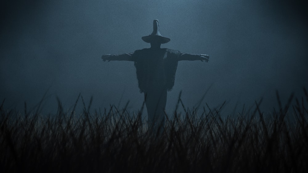 a scarecrow standing in a field at night