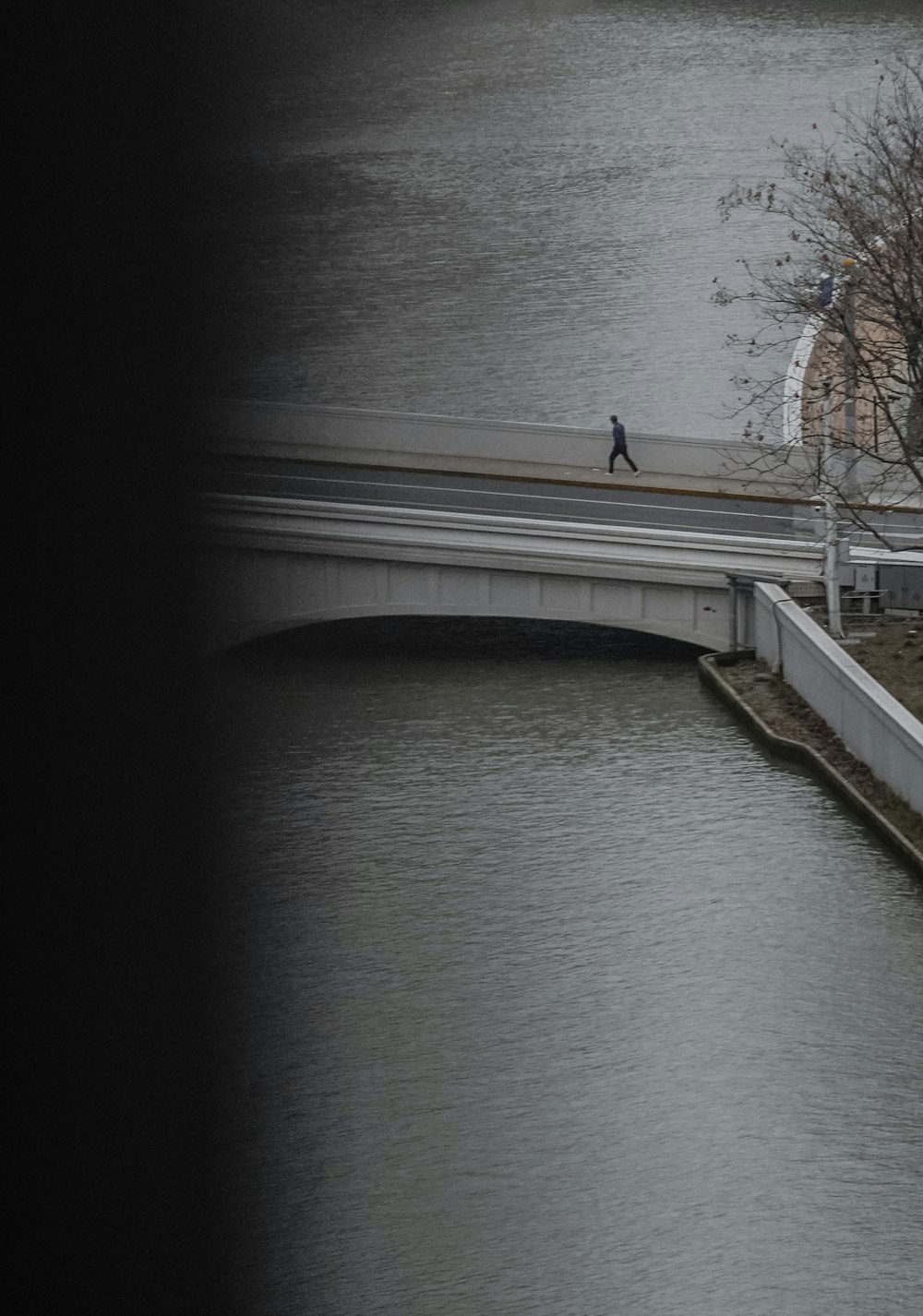 a person walking across a bridge over a river