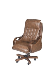 An ergonomic leather chair with armrests positioned invitingly by the oak desk, showcasing its smooth, rich texture.