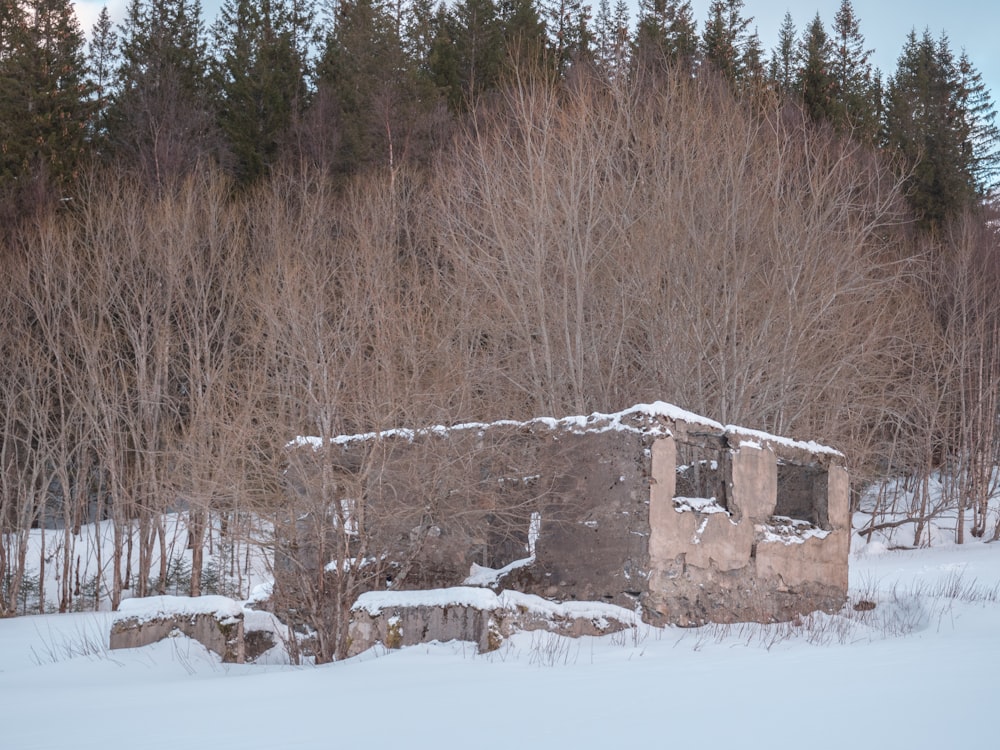 Ein altes Gebäude inmitten eines verschneiten Feldes
