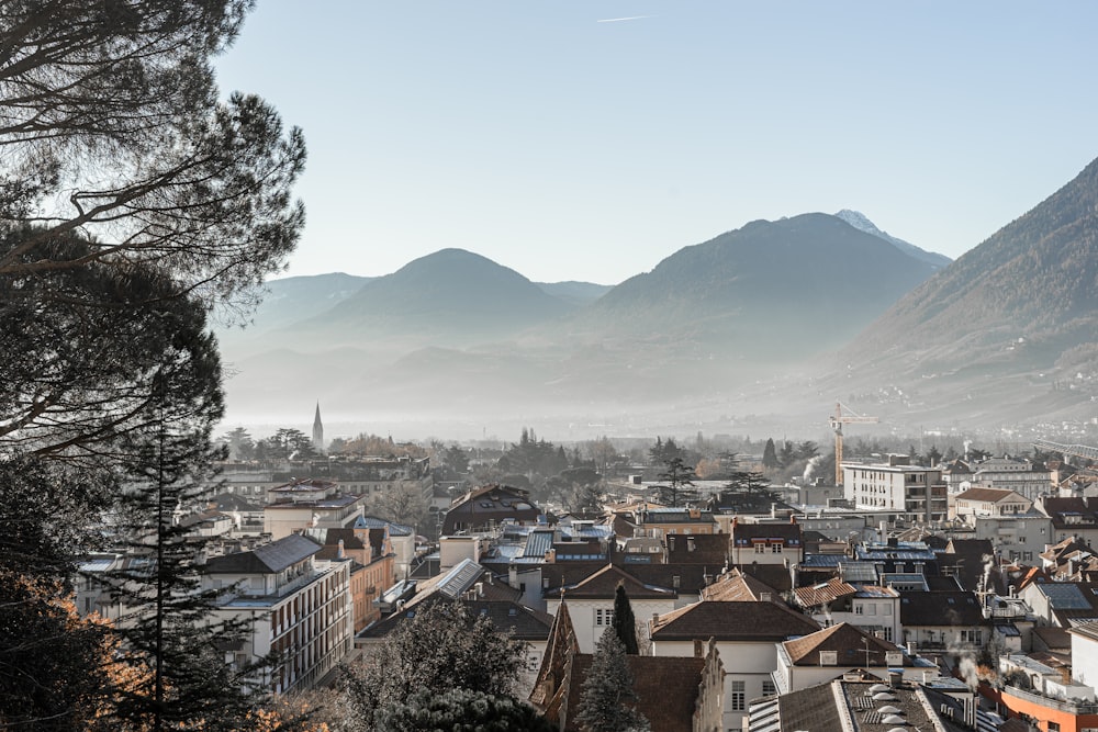 a view of a city with mountains in the background