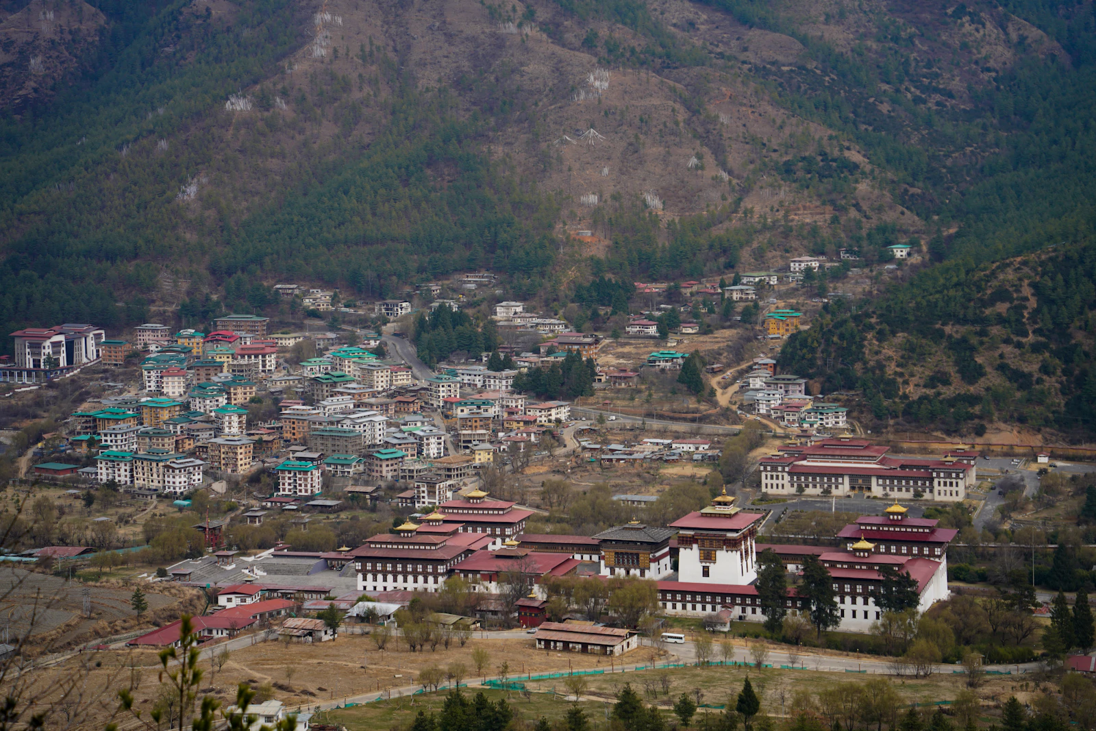 Tashichho Dzong and the National Assembly hall on the Thimphu valley floor, the capital climbing the slope behind