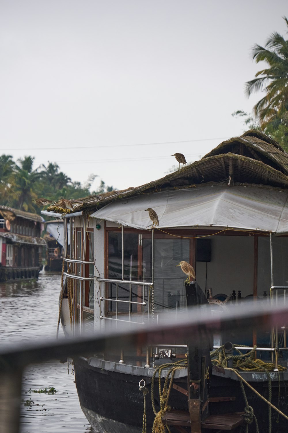 a houseboat with a thatched roof and a bird perched on the roof