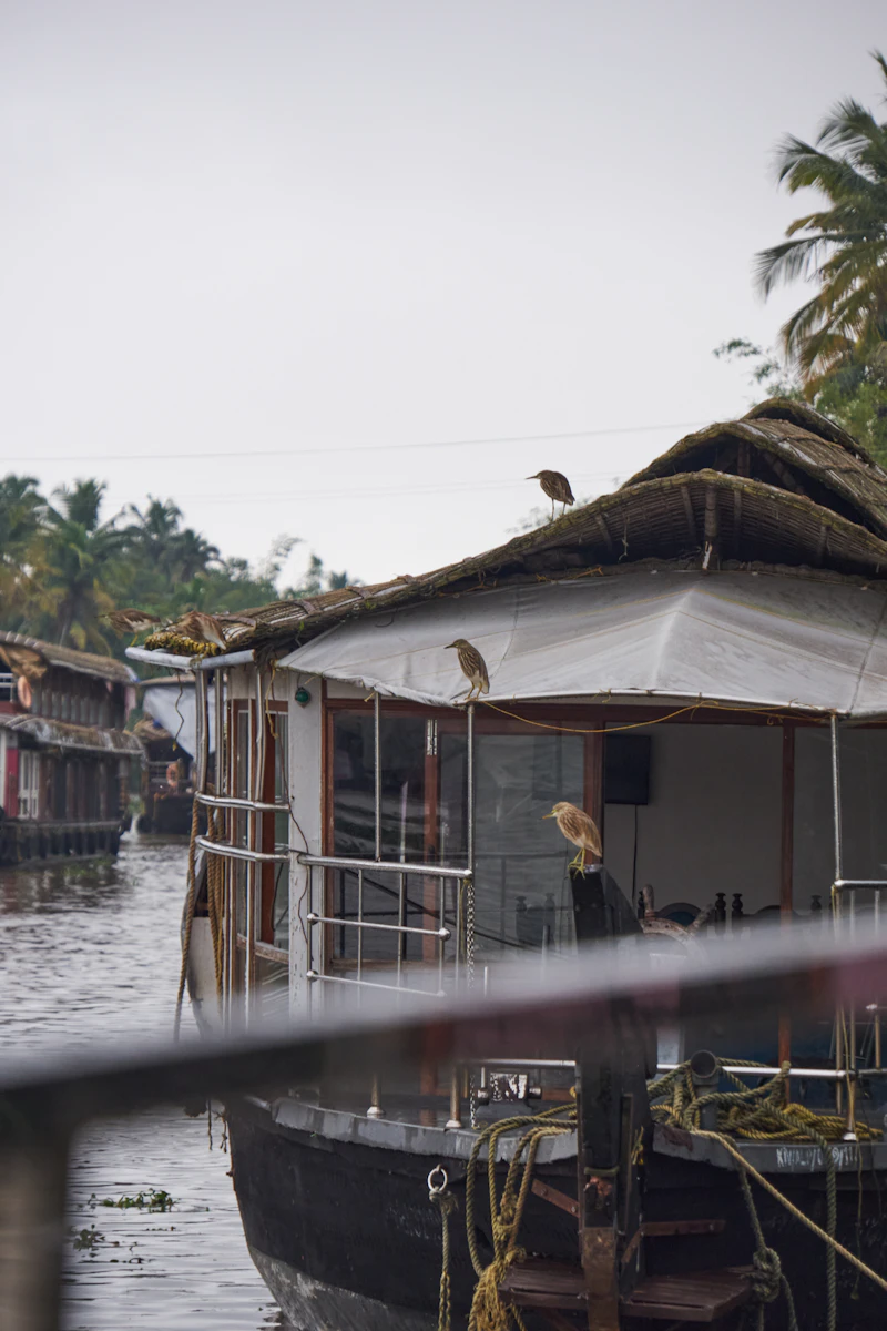 Traditional Alleppey kettuvallam houseboat with thatched palm roof