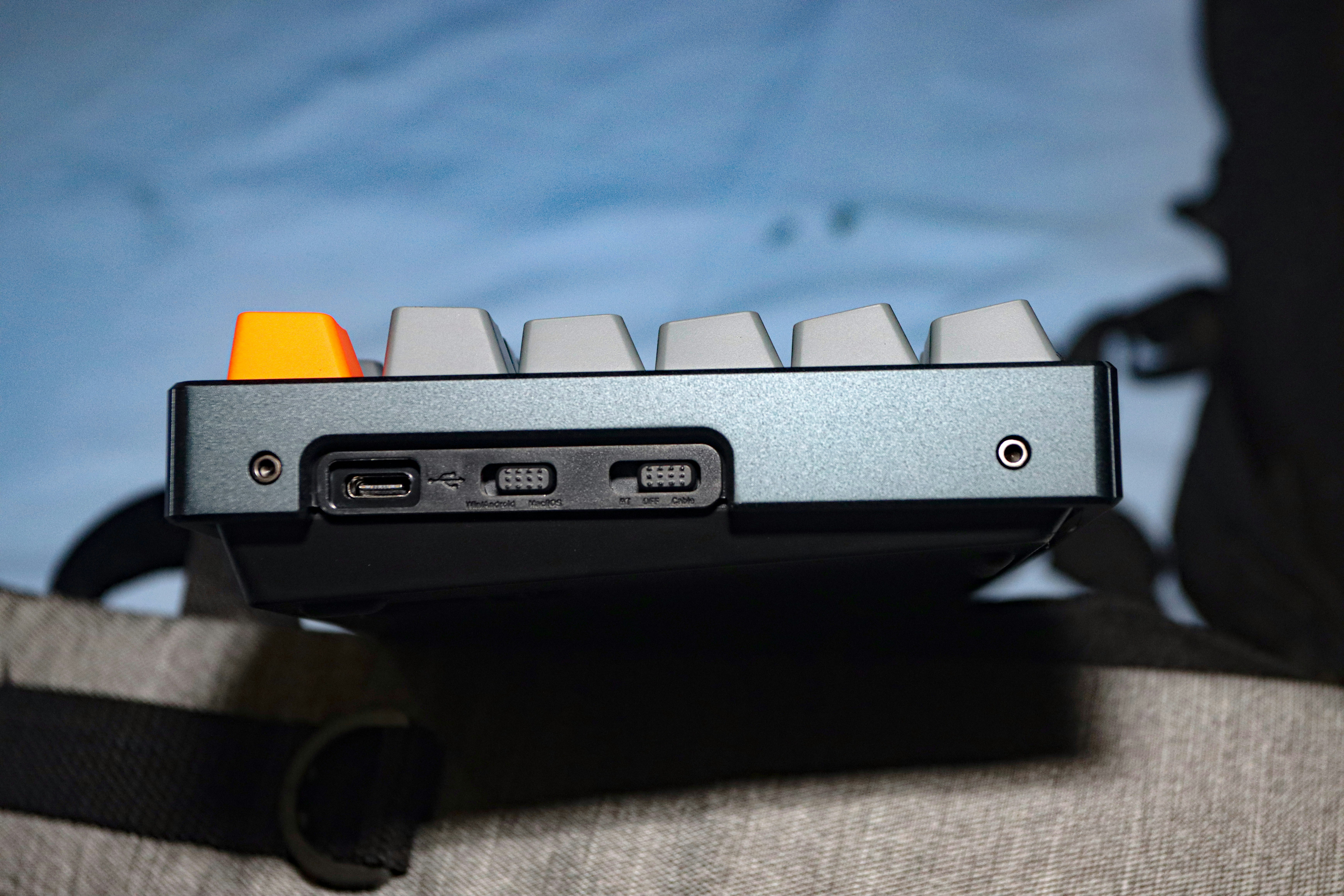 a close up of a laptop in a backpack