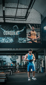 a man standing in a gym holding a frisbee