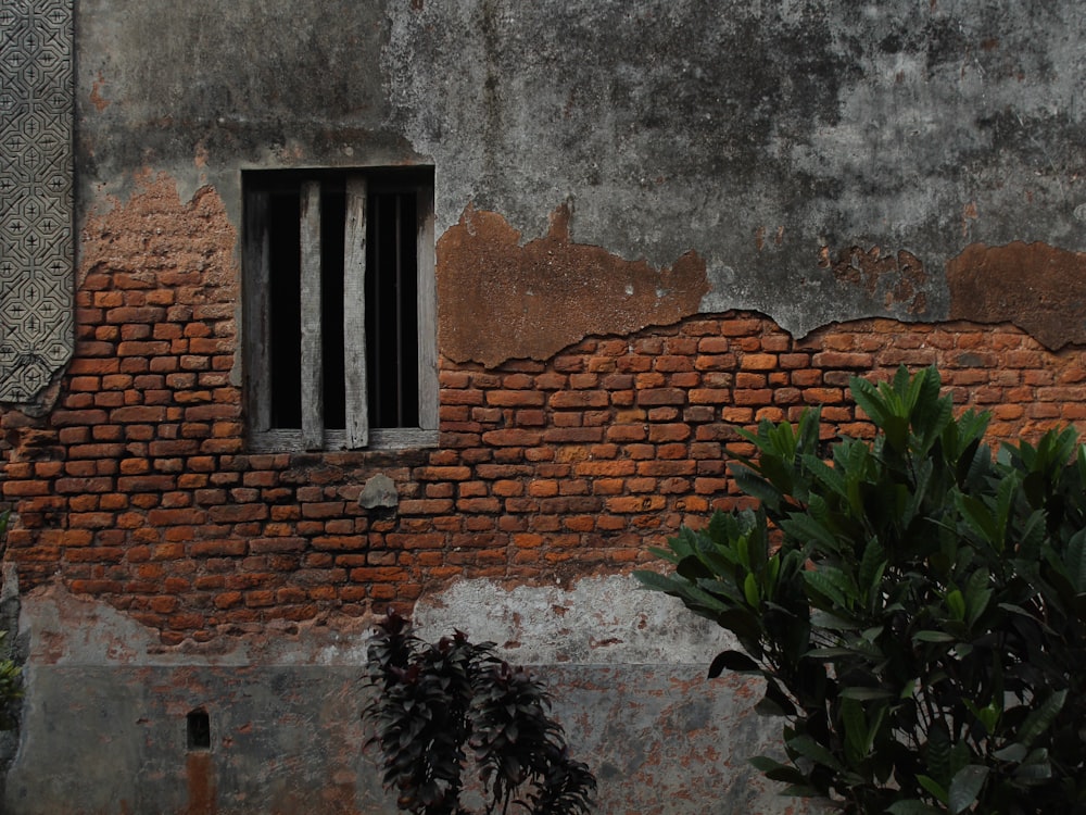 a red brick wall with a window and bars on it