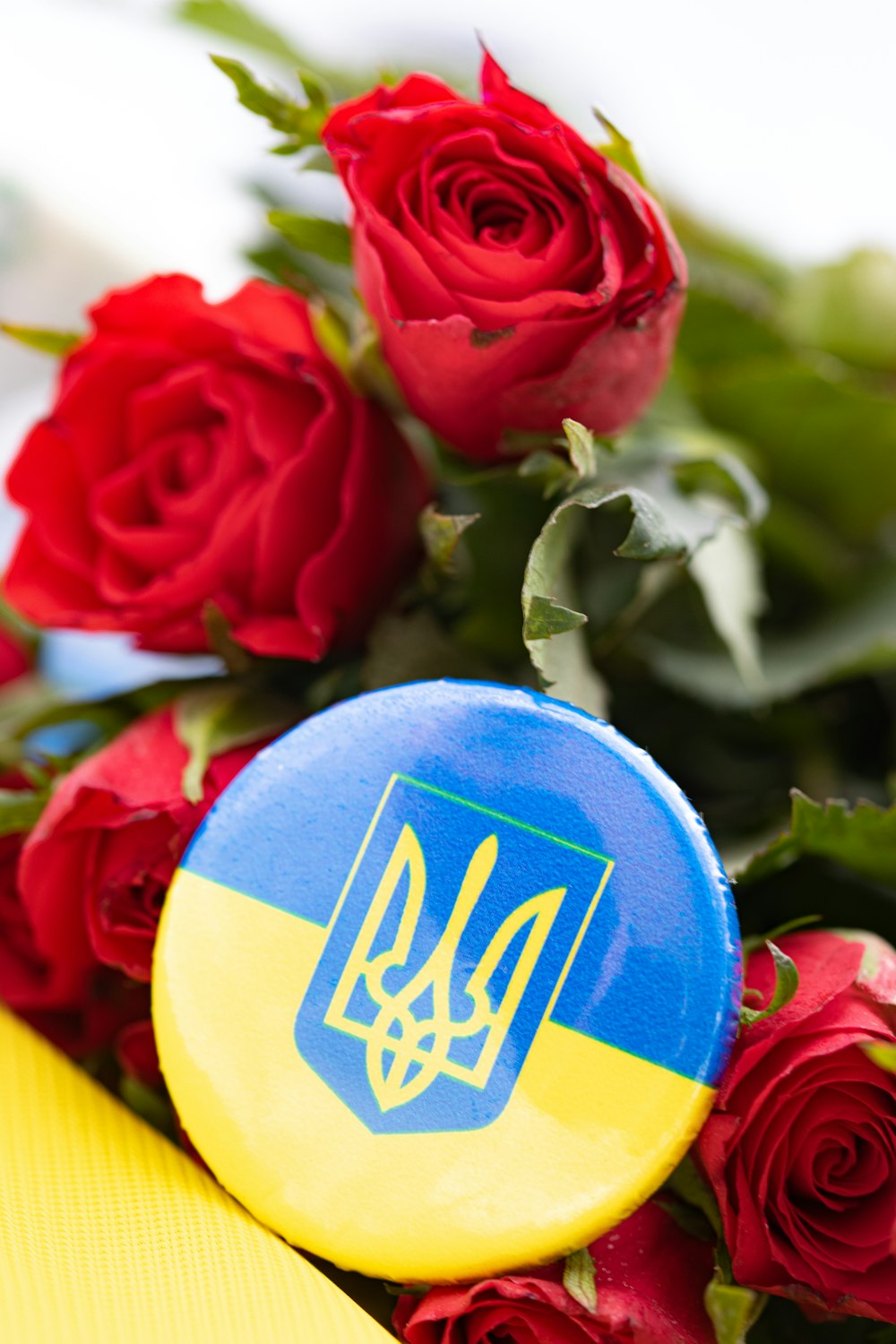 a bouquet of red roses and a button with a coat of arms on it