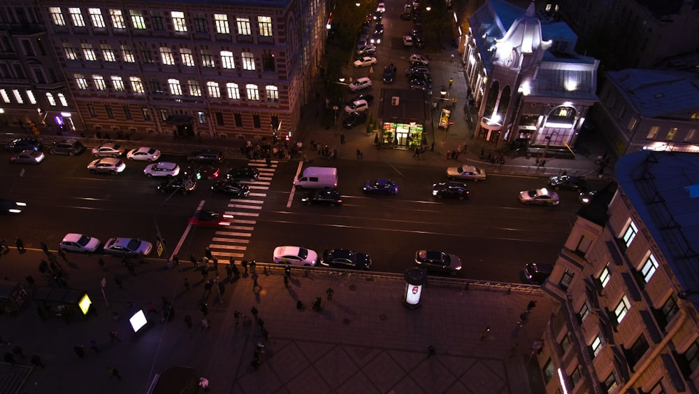 an aerial view of a city street at night