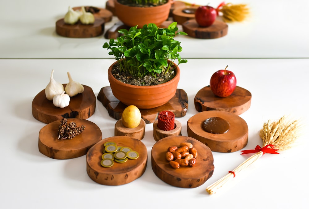 a potted plant sitting on top of a wooden tray