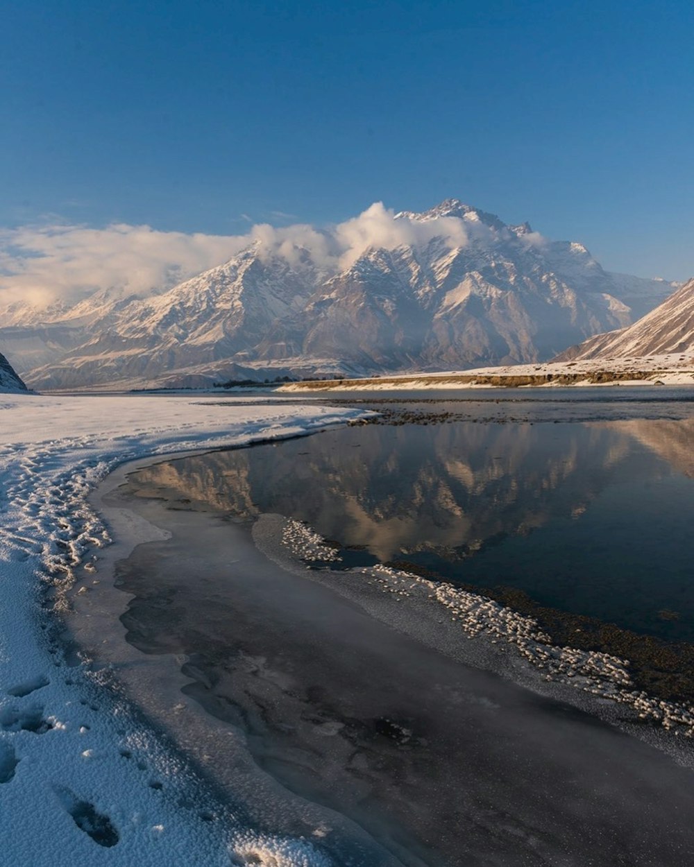 a body of water surrounded by snow covered mountains