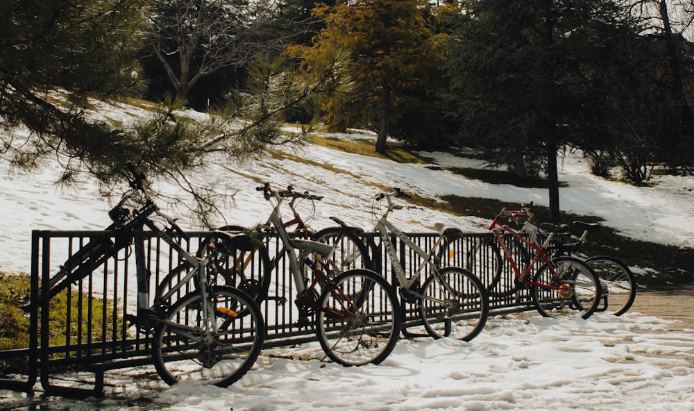 a row of bikes parked next to a metal fence